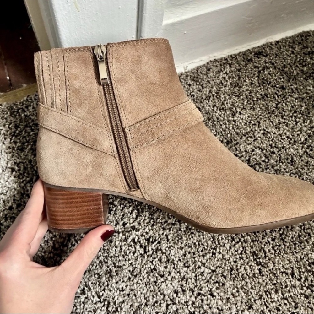 Essex Lane Beige Suede Ankle Booties with Stacked Heel
